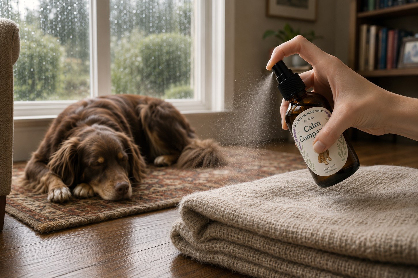 The product in use — misting bedding beside a sleeping dog