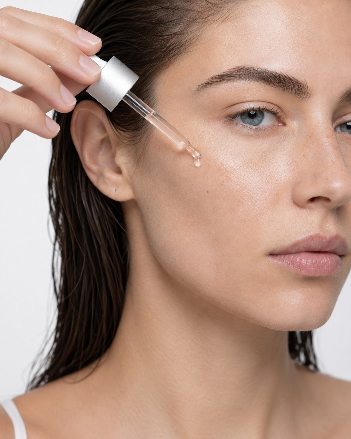 Application — dropper at the cheekbone, skin read through the glass
